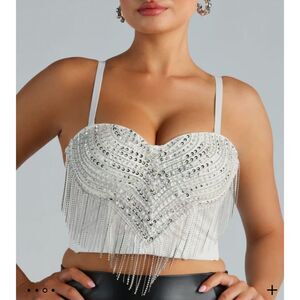 WINDSOR "I'M THE CATCH" WOMEN'S SEQUIN RHINESTONE FRINGE WHITE BUSTIER Sz SMALL